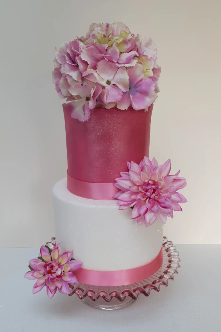 Pink Hydrangea and Dahlia Fondant Wedding Cake